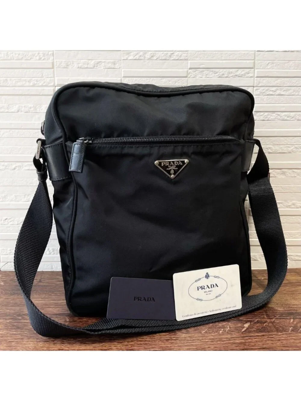 Prada Nylon Xleather Triangle Plate Logo Shoulder Bag Black